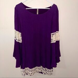 𝅺centro Purple Bell Sleeve Dress w/ Cream Lace Insets - Size M